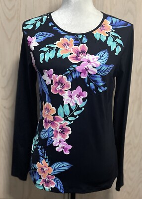 Lands End Women's Swim Tee Rash Guard Black Tossed Blossoms. Size S .New .