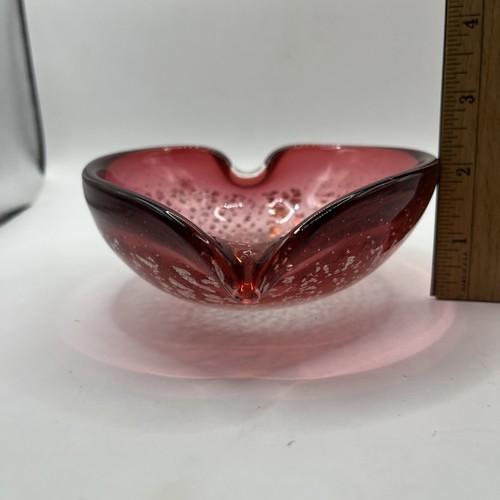 Vintage Murano Art Glass Red Heart Ashtray Candy Dish Silver Gold Fleck 5.5" - Picture 9 of 10