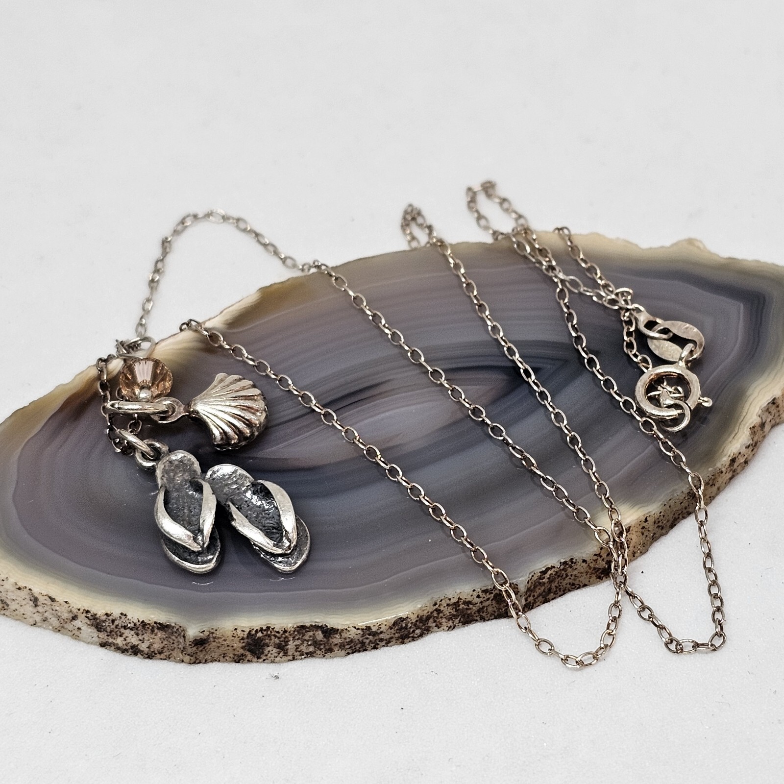 925 Sterling Silver - Flip Flops Shell Crystal Ch… - image 5