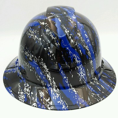 Custom Hydro Dipped Full Brim Hard Hat - Urban Camo Blue Splash Design, OSHA Approved