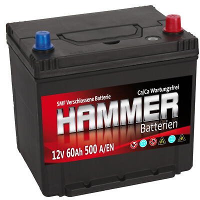 Autobatterie Hammer 12V 60Ah +Rechts Asia Starterbatterie ersetzt 55 56 61 64 Ah