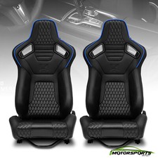Pair Of Black W Blue Pvc Carbon Fiber Leather Reclinable Racing Seats Wsilders