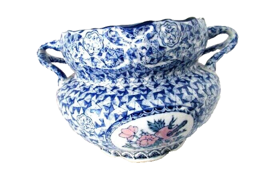 Vintage Pottery Two Handle Vase Blue and White 10" Wide by 7" Tall Rare - Picture 3 of 11