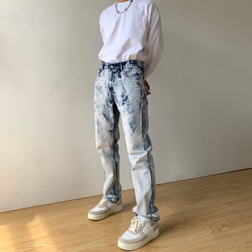 Men's Tie Dye Denim Pants Straight Leg Casual Trousers Youth Popular High Street - Picture 3 of 7