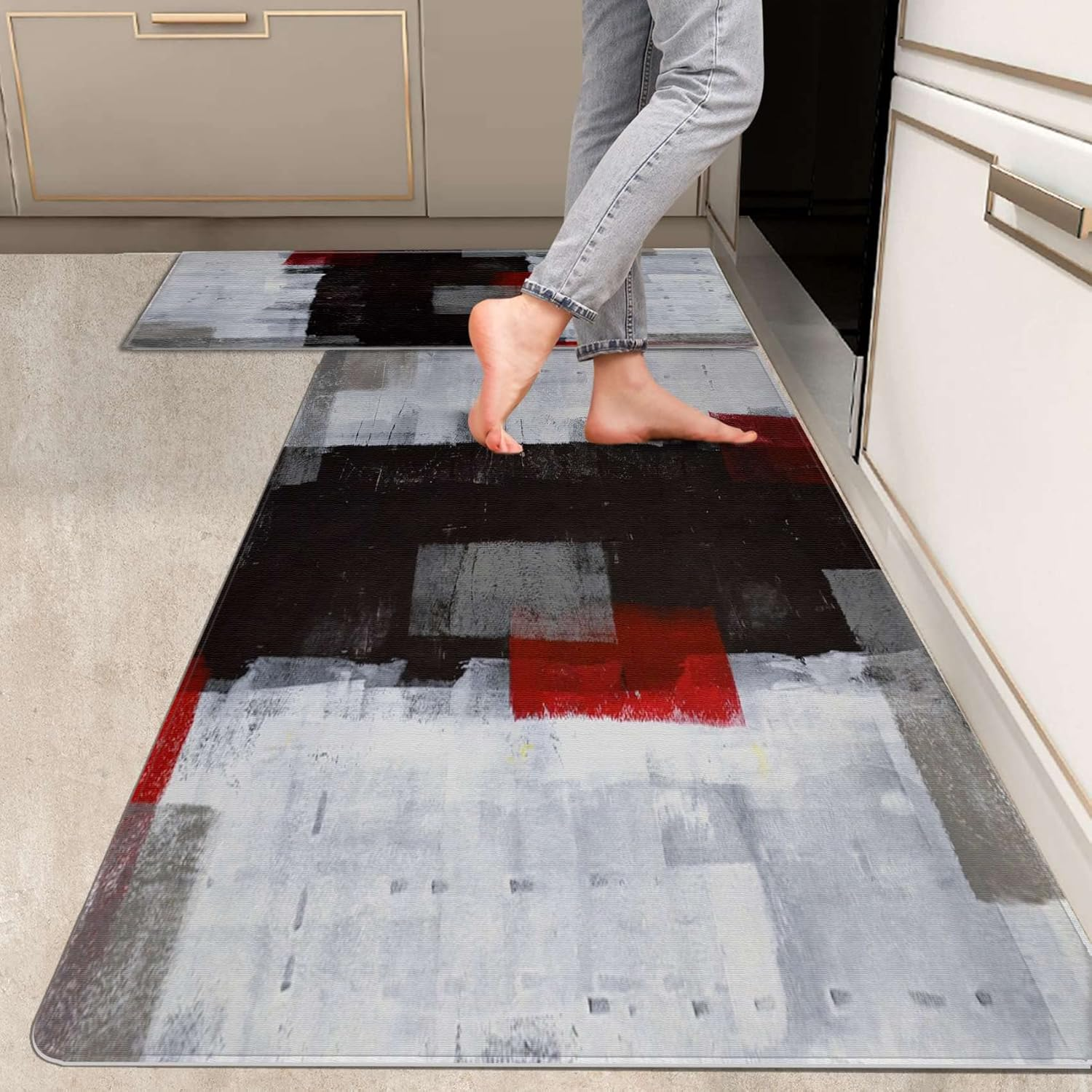 2 Pieces Kitchen Rugs, Abstract anti Fatigue Non Slip Foam Cushioned Red and Gre