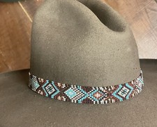NATIVE DESIGN Handmade Beaded Hatband HAT BAND TURQUOISE BROWN STERLING DEERSKIN