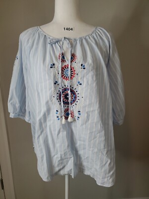 St Johns Bay Striped Blue Floral Embroidered Boho Peasant Blouse Size Large L 