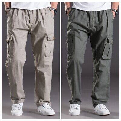 Men Loose Cargo Pants Combat Baggy Fishing Trousers Elastic Waist Work Wear