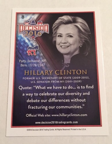 2016 Decision Hillary Clinton #8 Card - Picture 2 of 2