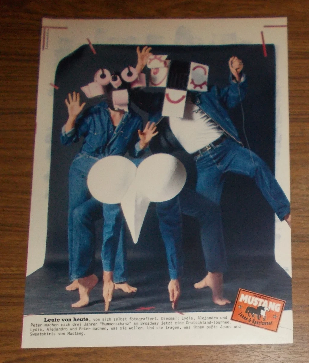 Seltene Werbung vintage MUSTANG Jeans Mummenschanz Performance Gruppe 1983