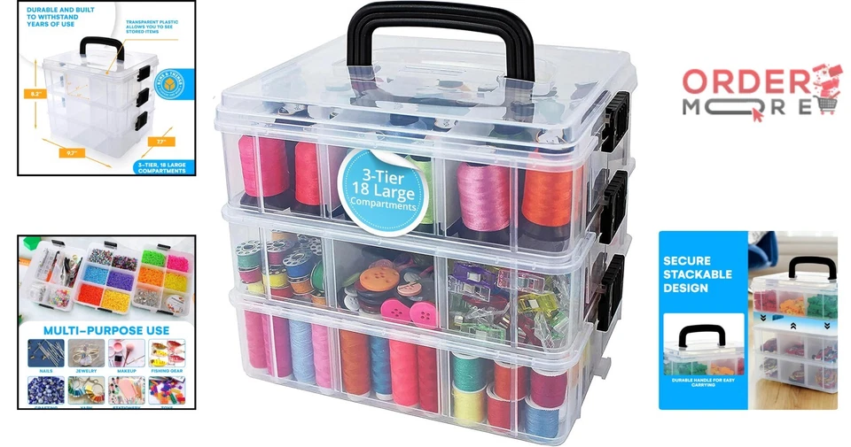 Stackable Plastic Storage Containers 3-Tier 18 Compartments for Jewelry Toy O... - Image 2 of 4