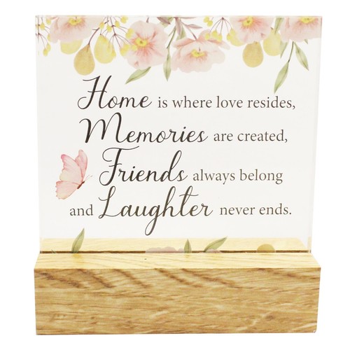 Glass Plaque on a Wooden Base - Home Memories Friends Laughter - Picture 2 of 3