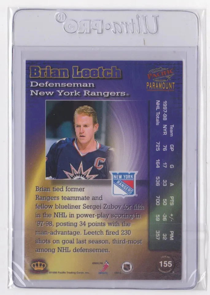 1998-99 PACIFIC PARAMOUNT GREEN BASE PARALLEL BRIAN LEETCH #155 NEW YORK RANGERS - Image 2 of 2