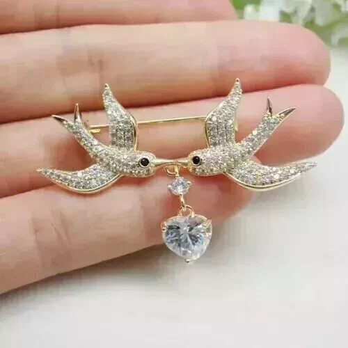 2.00Ct Round Cut Real Moissanite Love Bird Brooch Pin 14K Yellow Gold Plated - Picture 5 of 6