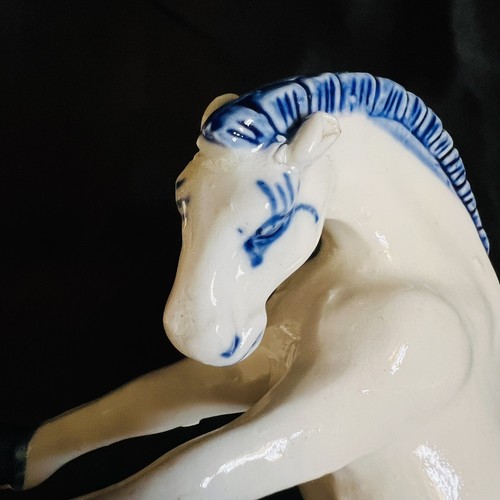 Chinese Old Qing Dy Blue White Porcelain Carved Standing Horse Figure Statue - Picture 7 of 10