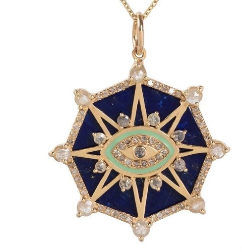 14k Gelbgold Natürlich Lapislazuli Anhänger Teufelsauge Heiligenschein Oktagon