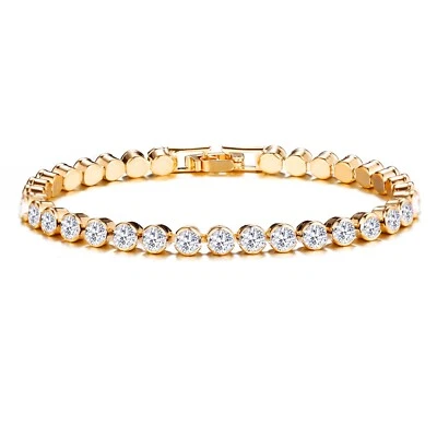 Beautiful Womens Crystal Tennis Bracelet Bangle Gold Plated Shine Gift Present - Image 1 of 3