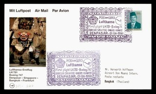 DR WHO 1990 INDONESIA LUFTHANSA PRIMER VUELO DENPASAR A BANGKOK TAILANDIA S02555