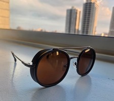 Round Glacier Steampunk Sunglasses Black Frame Brown Lens Side Shields