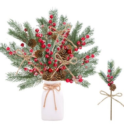 15 Pack Snow Frosted Christmas Berries Pine Picks Artificial Red Berry Pine B...