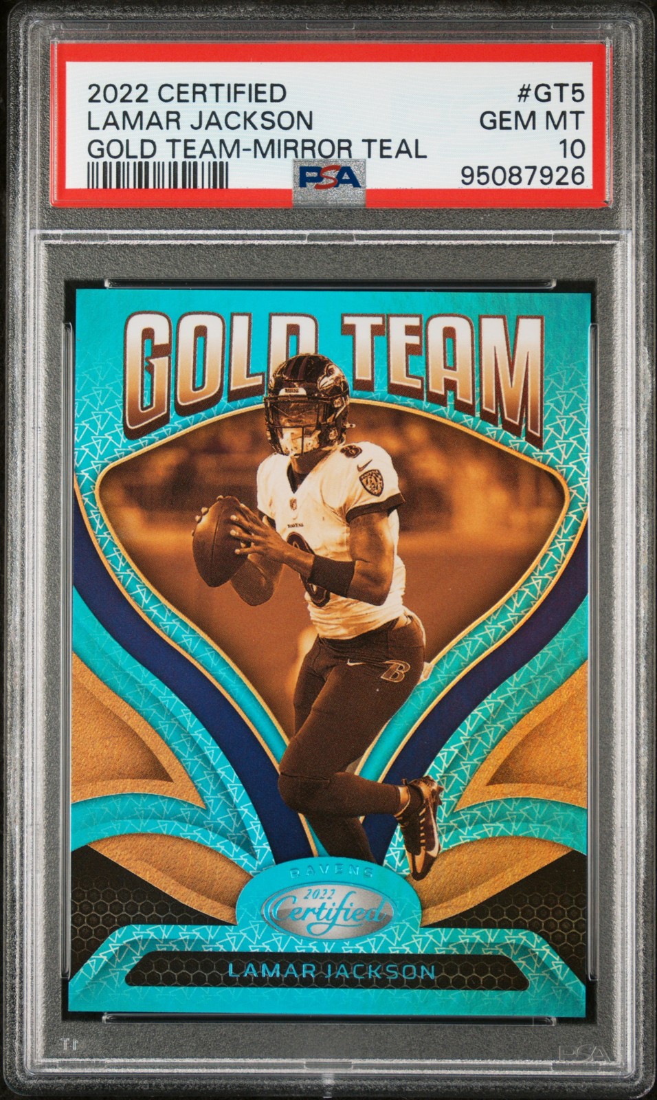 2022 PANINI CERTIFIED GOLD TEAM MIRROR TEAL #GT5 LAMAR JACKSON 21/50 PSA 10