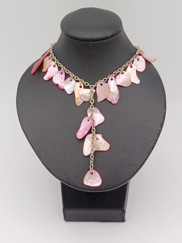 Beautiful Silver Tone And Pink Mother Of Pearl Fringed Y Drop Chain Necklace