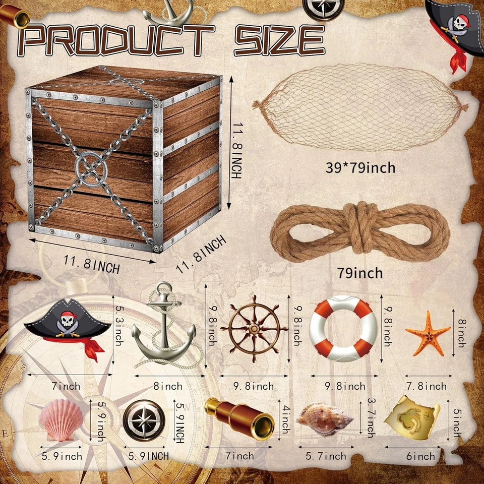 18 Piezas Decoraciones Fiesta Pirata Imitación Caja Madera Red de Pesca Coche Baúl o Árbol Foto 3 de 4