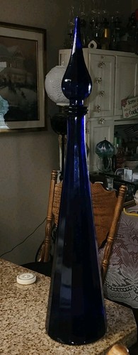 Vintage Empoli Decanter Cobalt Blue Paneled Glass Flame Topper 25.25 VAE On Base - Picture 3 of 21