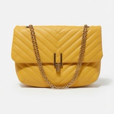 Yellow Quilted Chevron Crossbody Bag Gold-Tone Chain Strap Turn Lock Closure