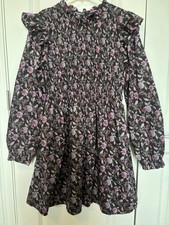 GAP Floral Smocked Ruffle Long Sleeve Dress Black Pink Purple High Neck Size M