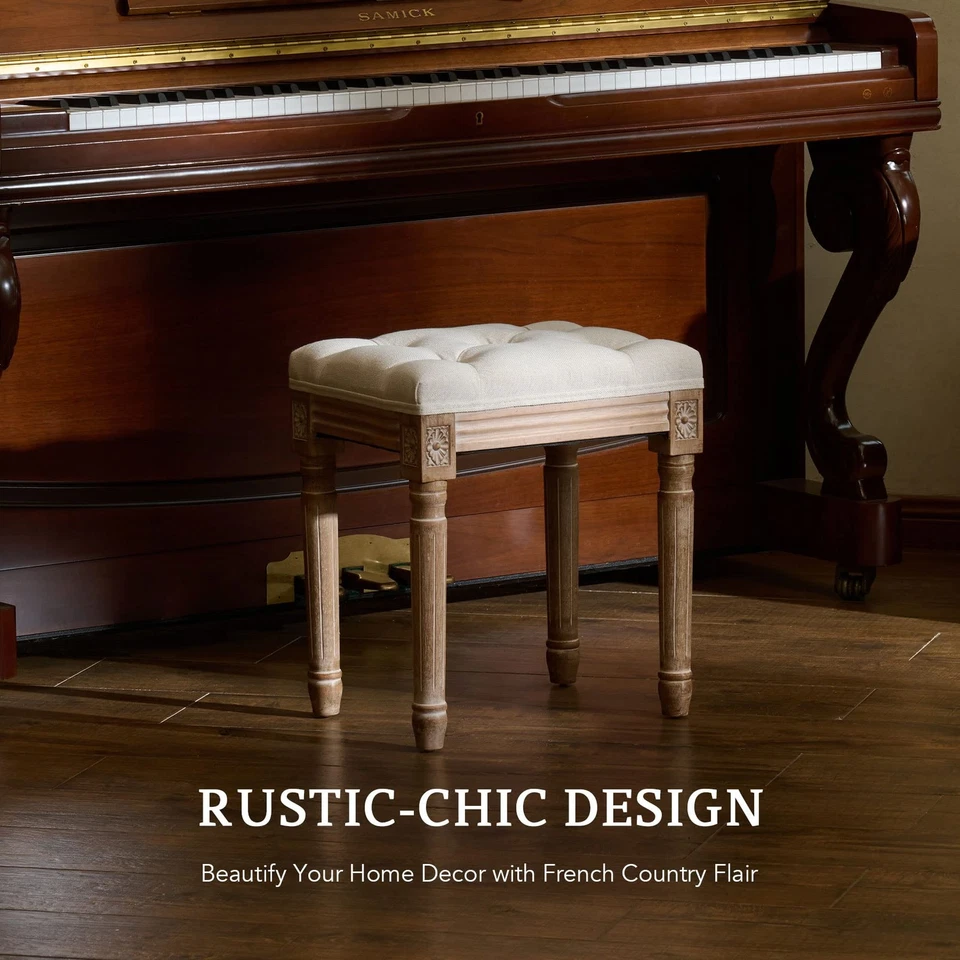 Taburete otomano, 18,5 pulgadas de alto, beige, con asiento acolchado, marco de madera, mechón con botones... Foto 3 de 4