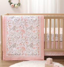 Whimsical Floral 3 Piece Baby Crib Bedding Set for Girls, Pink Botanical Nursery