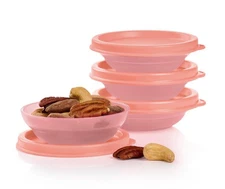 New Tupperware MINI Classic Cereal Bowls & Seals Set 4 Peach Pink 1/4 Cup 2 oz