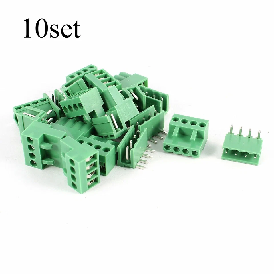 10 Set Plastic 4-Pin 3.96mm Pitch PCB Mount Screw Terminal Block Connector Green - Image 2 of 4