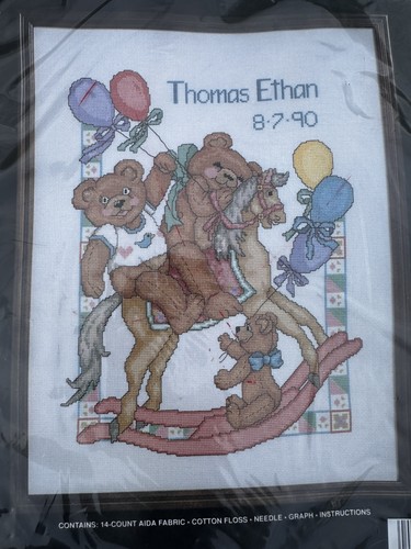 Vintage 1989 Rocking Teddy Counted Cross Stitch Kit Janlynn 00-358 14 X 18” - Picture 1 of 4