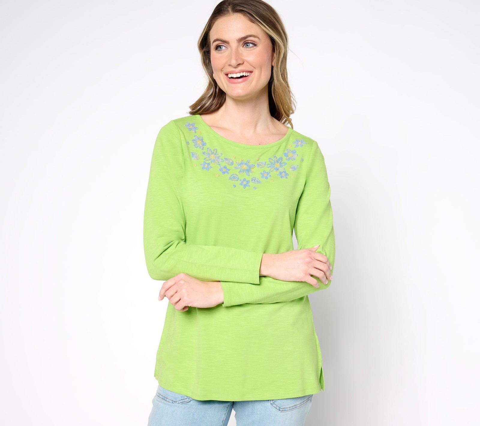 Quacker Factory Women's Top Plus Sz 2X Forget Me Not Beaded Bateau Green A677837