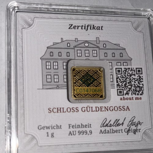 Schloss Güldengossa Gold Bar 1g 999.9 Fine Gold, 1g Total Precious Metal Content