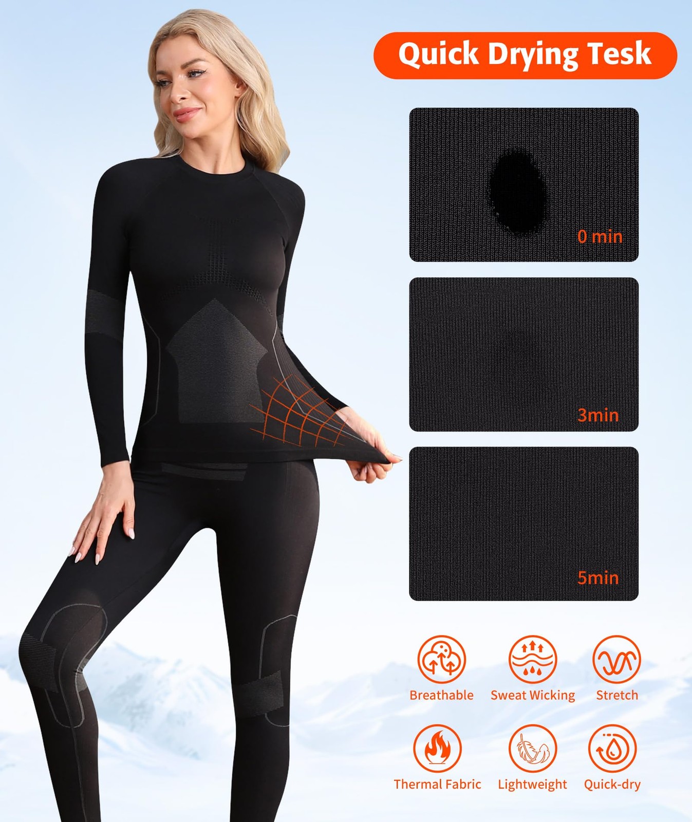 Thermal Underwear Set for Women - Long Johns Base Layer, Black, Medium