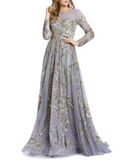 Mac Duggal 5217 Sequin Long Sleeve Illusion Mesh Gown SZ 8 Platinumn Gold 792