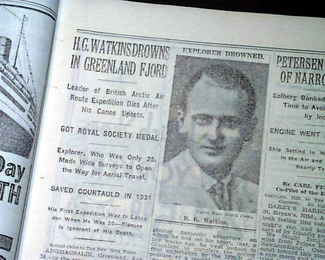 GINO WATKINS Henry George Arctic Explorer Greenland DROWNS Death