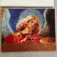 Vintage PLUS MARK Christmas Cards Golden Haired Angel Violin, SET of 5 w/Env.