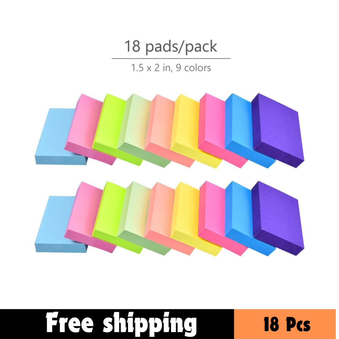 18 Bright Color Sticky Notes 2x1.5 Inch Self-Stick Pads 9 Colors Bulk Pack-image