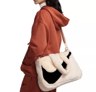 NIKE Tote Crossbody Bag 10L Faux Fur Plush Light Pink Black