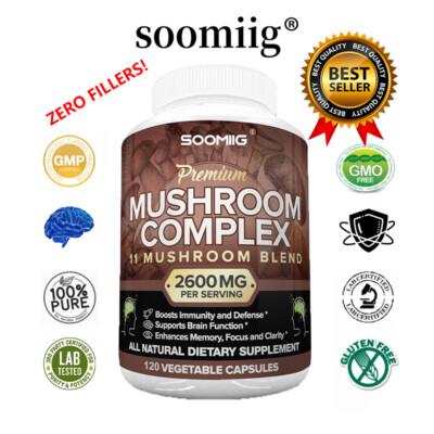 Mushroom Complex Supplement Capsules - 11 Mushrooms Lions Mane, Reishi, Chaga