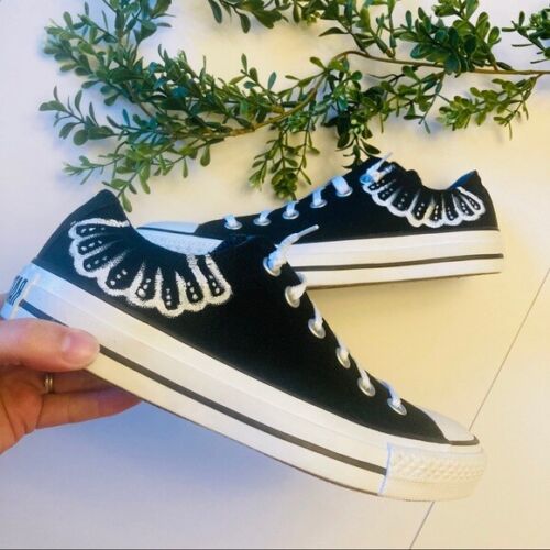 RGB lace collar Hand painted black Low Top Canvas Womens converse size 7 Custom - Picture 1 of 5