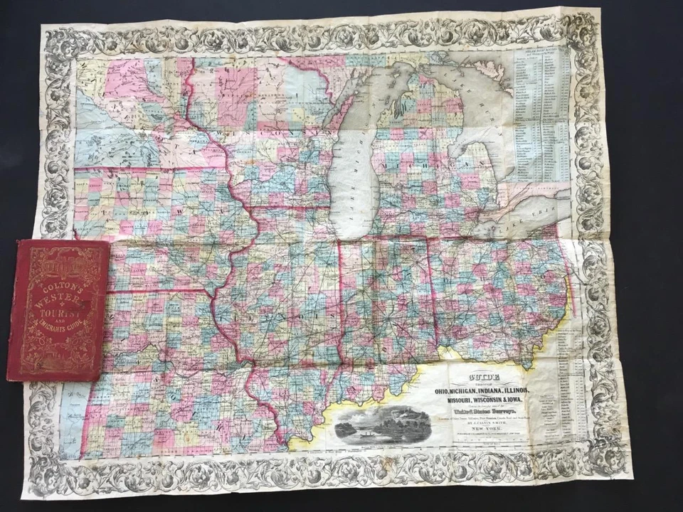 MAPA DE BOLSILLO COLTON 1854, "GRANDE 26" PULGADAS" "LIBRO DE GUÍA TURÍSTICA OCCIDENTAL" ANTIGUO Foto 2 de 4