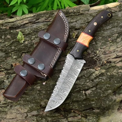 BG KNIVES 10" Damascus Steel Hunting Fixed Blade Camping Handmade Knife Leather Sheath