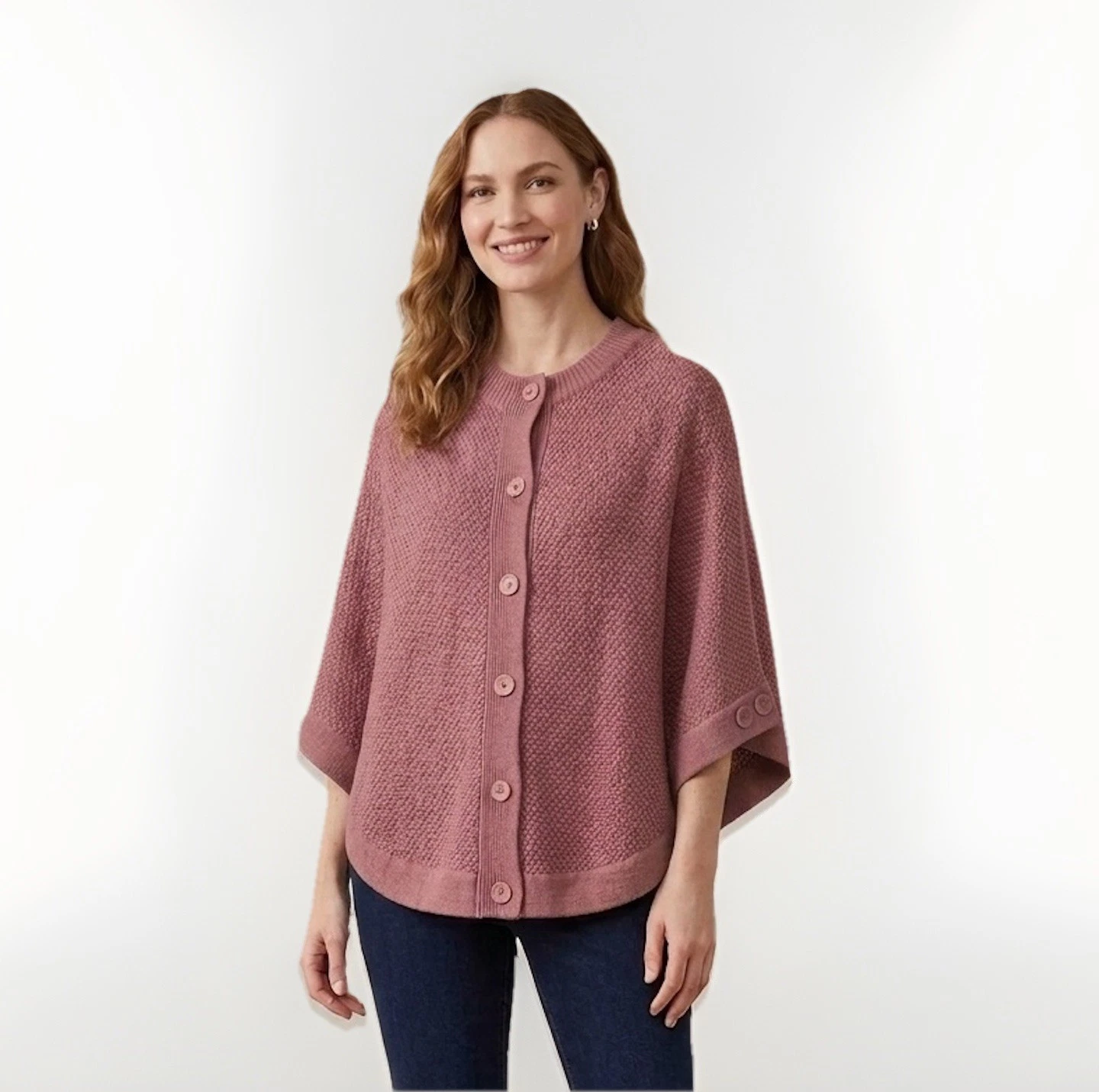 Denim & Co. Stand Collar Button Front Cape Poncho Sweater Mauve Pink Rosebrown L