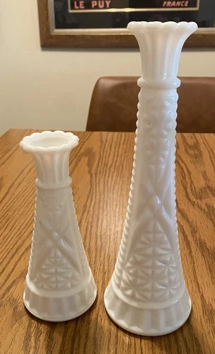 Vintage Anchor Hocking Stars and Bars Milk Glass 9" And 6” Flower Bud Vase Lot