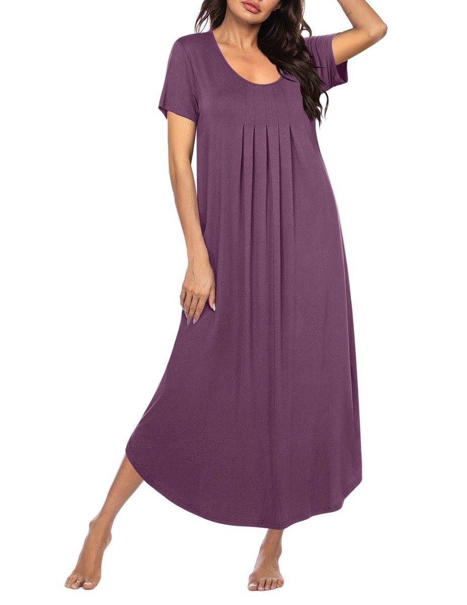 fitted lace wedding dress Ekouaer Women's House Dress with Pockets Moomoo Dresses Short Sleeve Mumu Nightgown Lounge Dress Button Down Sleepwear Purple with Flower / S